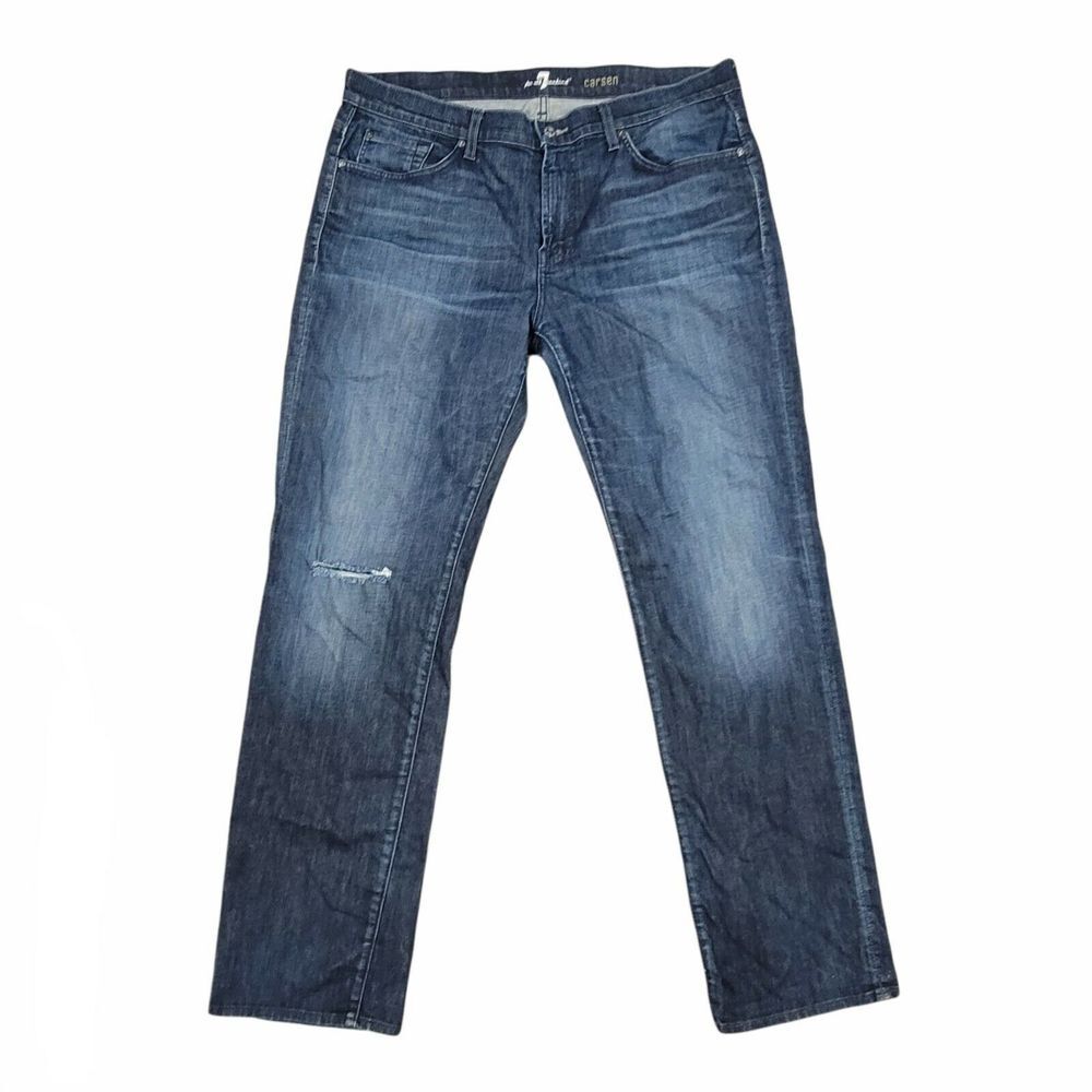 7 For All Mankind Carsen Mens 38X34 Straight Leg‎ Dark Wash Jeans Torn Knee
